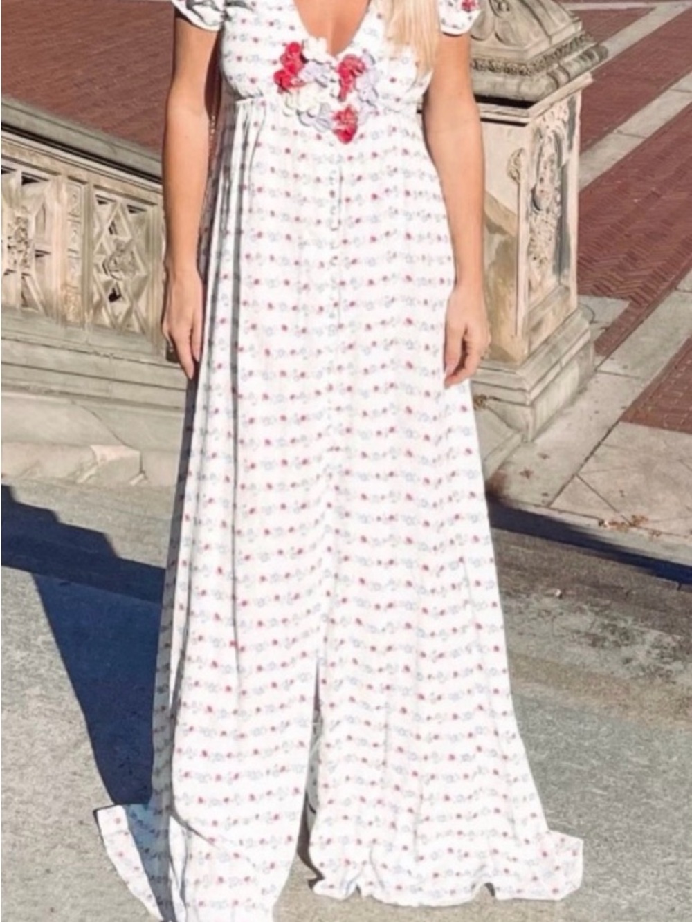 LoveShackFancy Floral Appliqué V-Neck Maxi Dress in White with Pastel Flowers - Picture 2 of 5